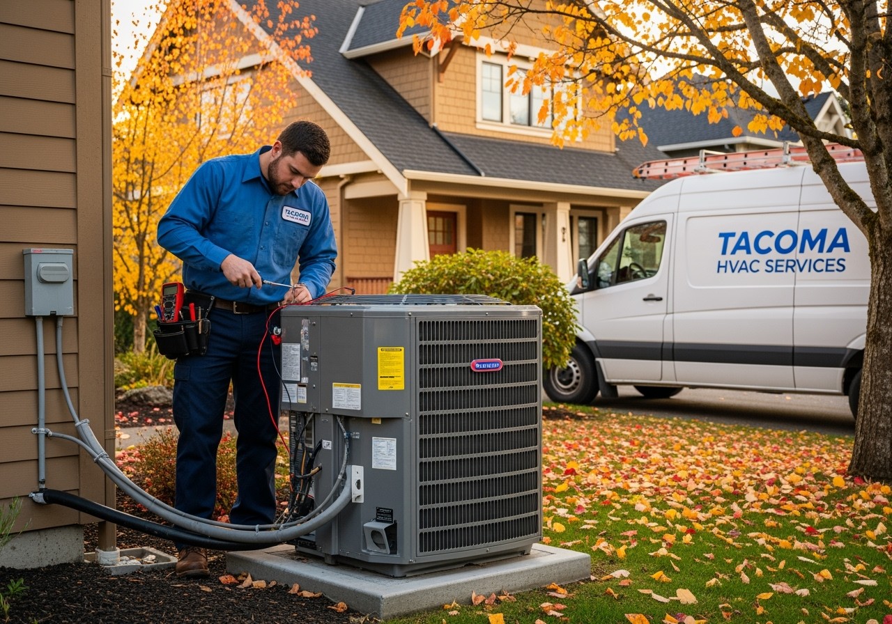 HVAC service van and technician ready for dispatch